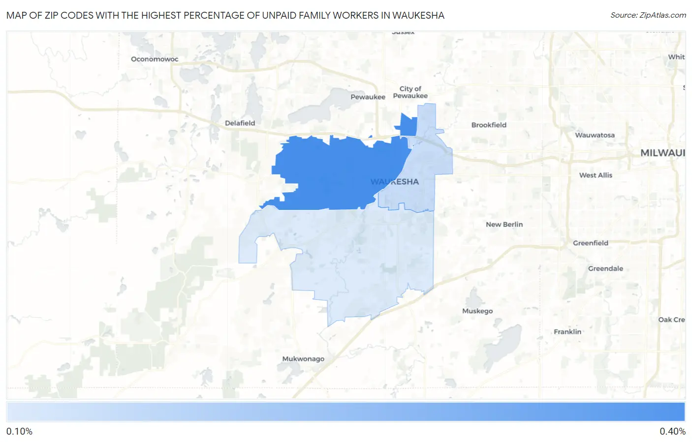Zip Codes with the Highest Percentage of Unpaid Family Workers in Waukesha Map