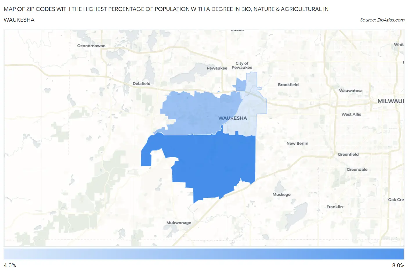 Zip Codes with the Highest Percentage of Population with a Degree in Bio, Nature & Agricultural in Waukesha Map