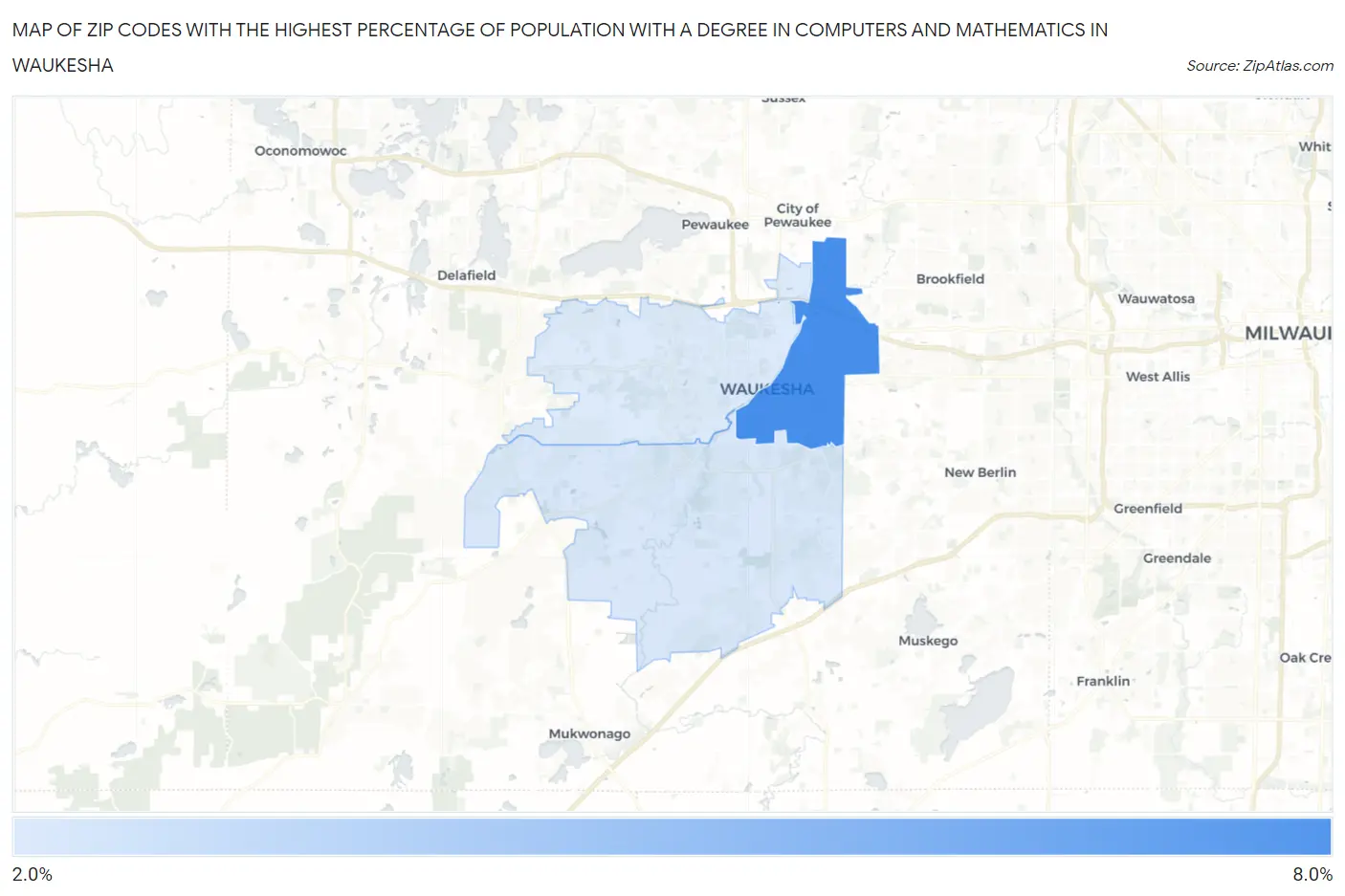 Zip Codes with the Highest Percentage of Population with a Degree in Computers and Mathematics in Waukesha Map