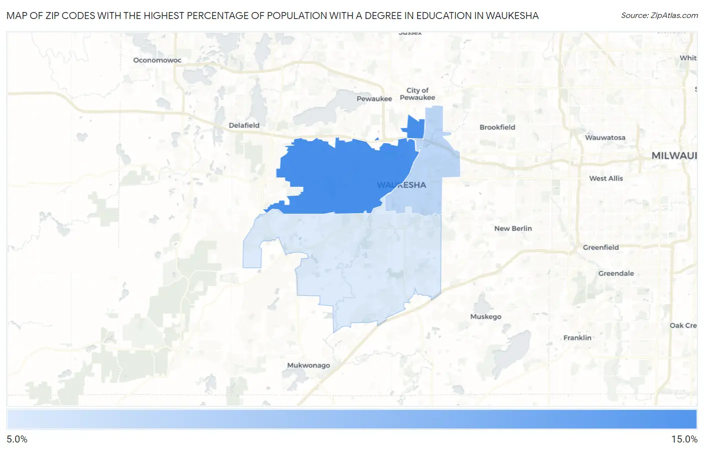 Zip Codes with the Highest Percentage of Population with a Degree in Education in Waukesha Map