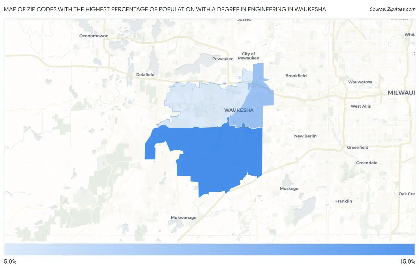 Zip Codes with the Highest Percentage of Population with a Degree in Engineering in Waukesha Map