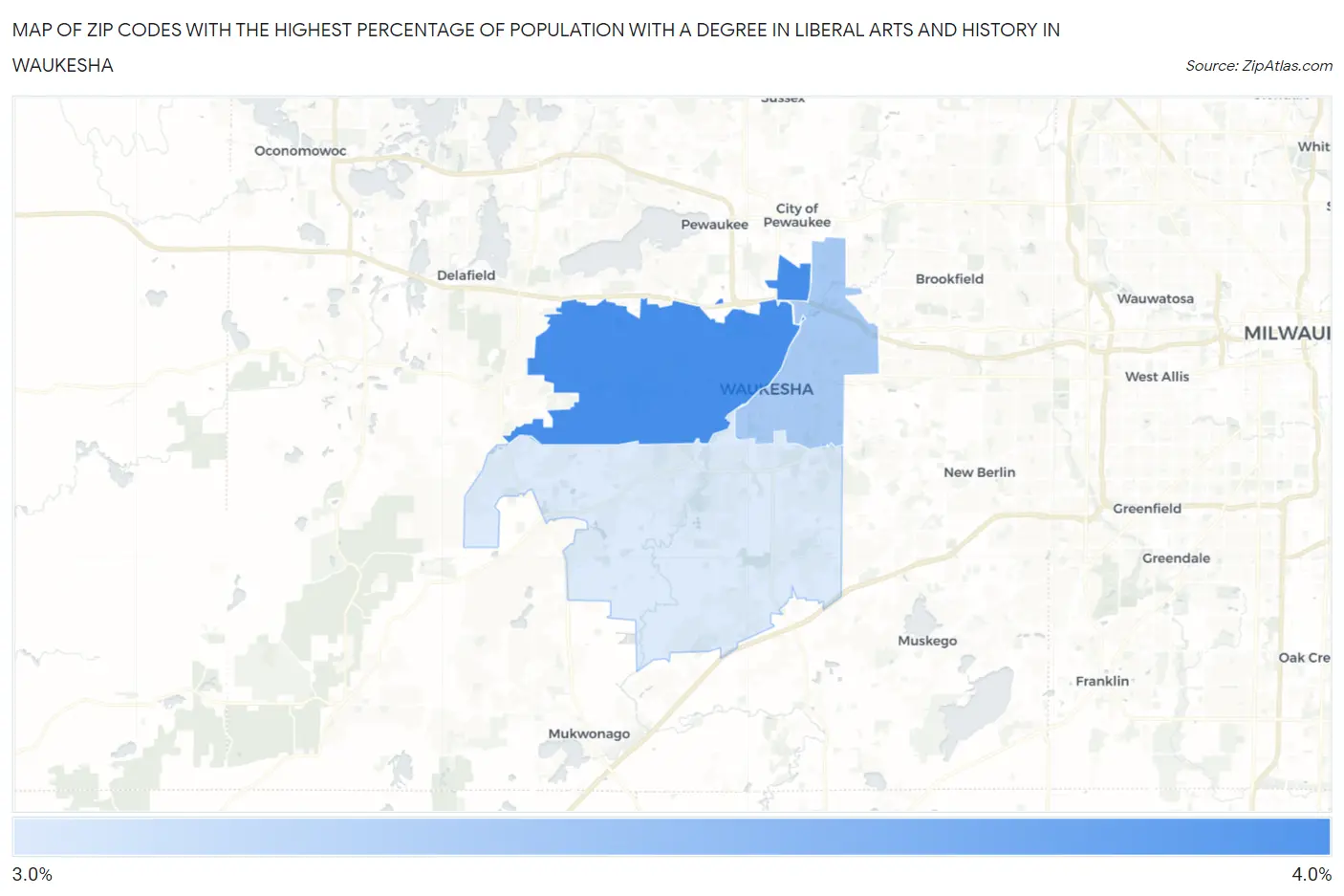 Zip Codes with the Highest Percentage of Population with a Degree in Liberal Arts and History in Waukesha Map