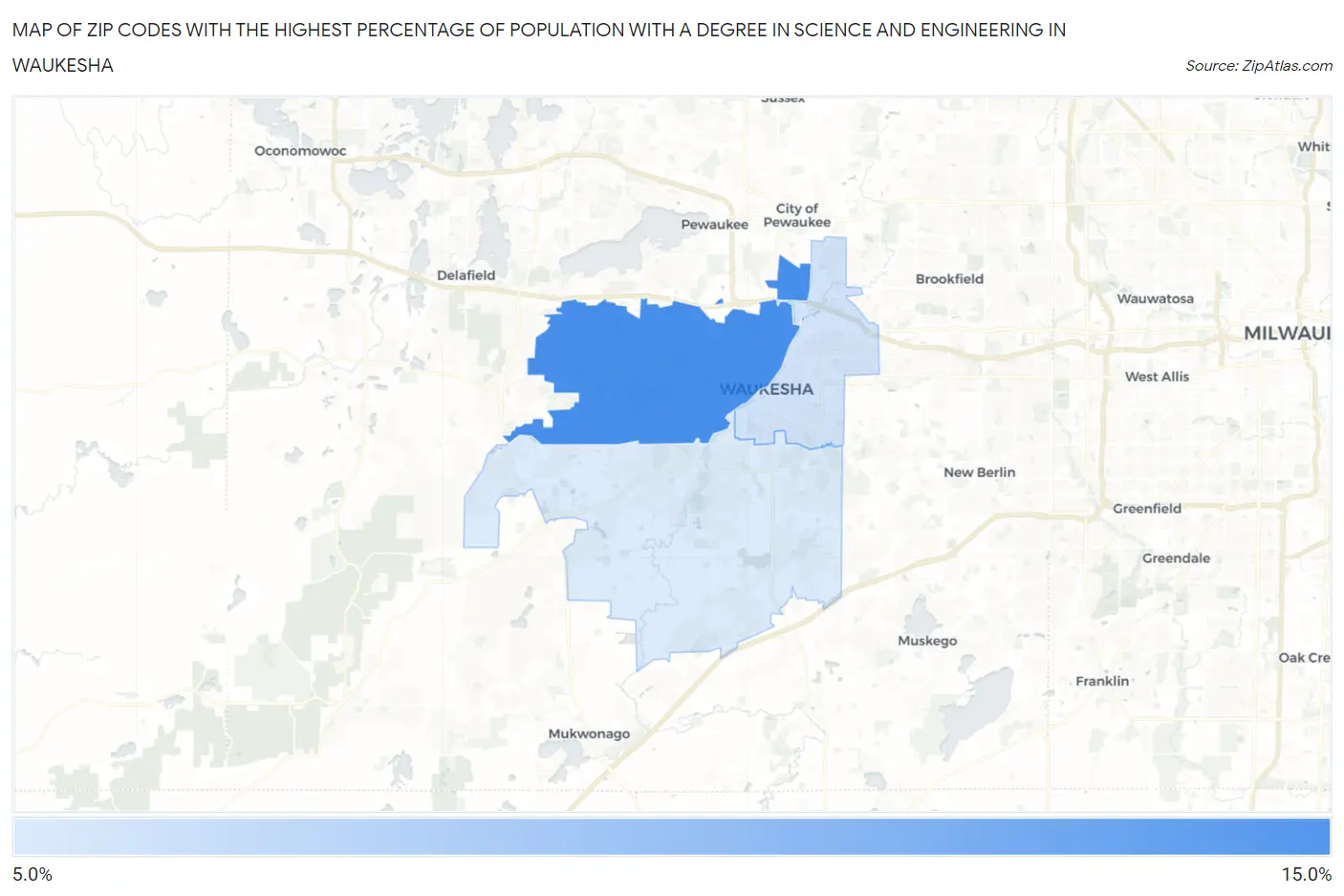 Zip Codes with the Highest Percentage of Population with a Degree in Science and Engineering in Waukesha Map