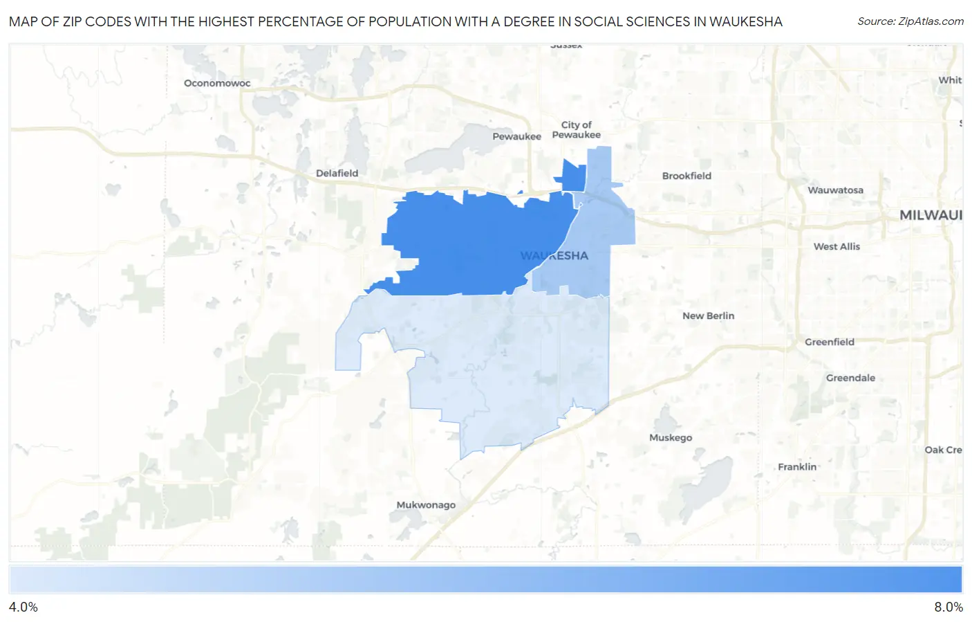 Zip Codes with the Highest Percentage of Population with a Degree in Social Sciences in Waukesha Map