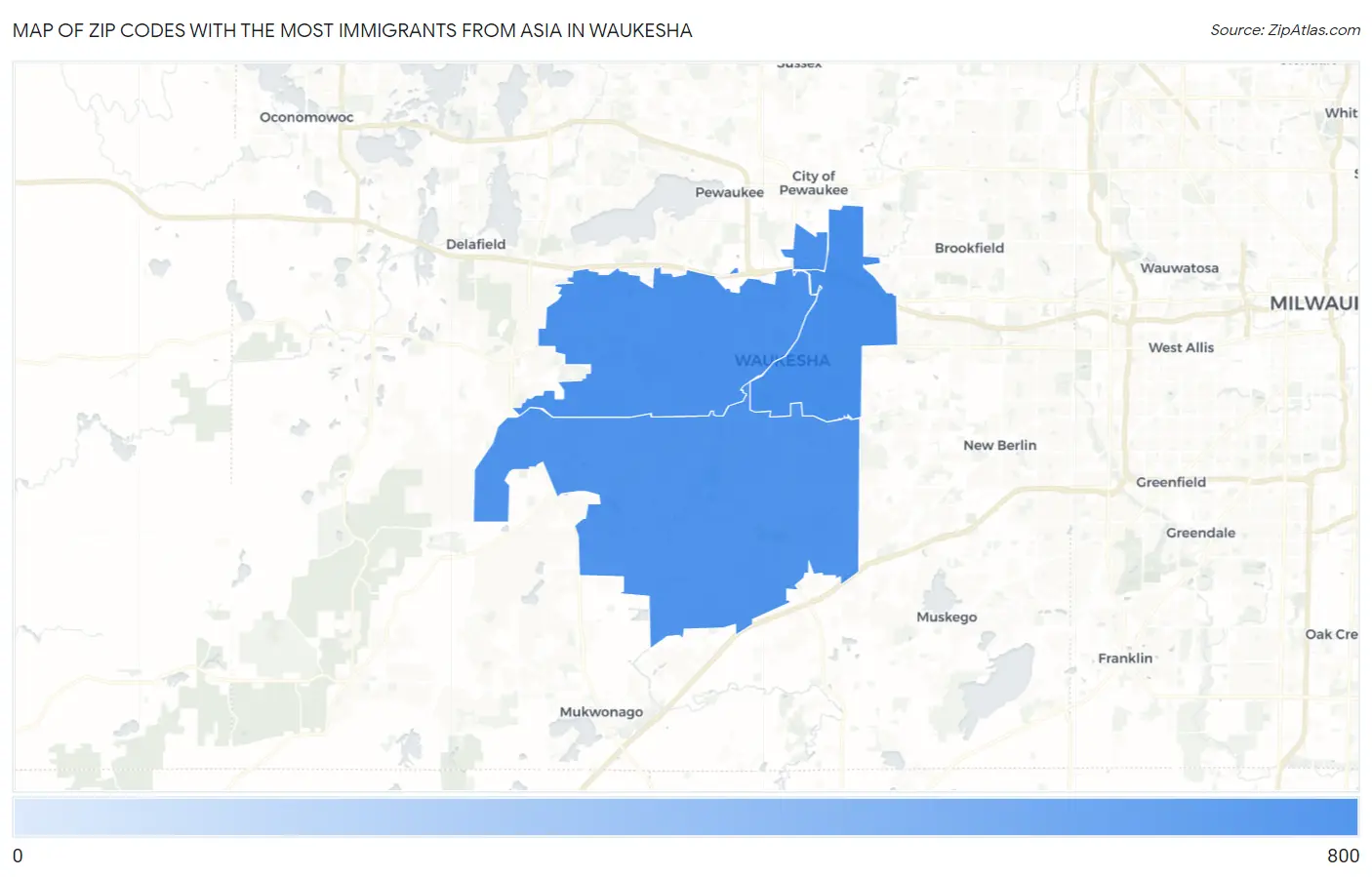 Zip Codes with the Most Immigrants from Asia in Waukesha Map