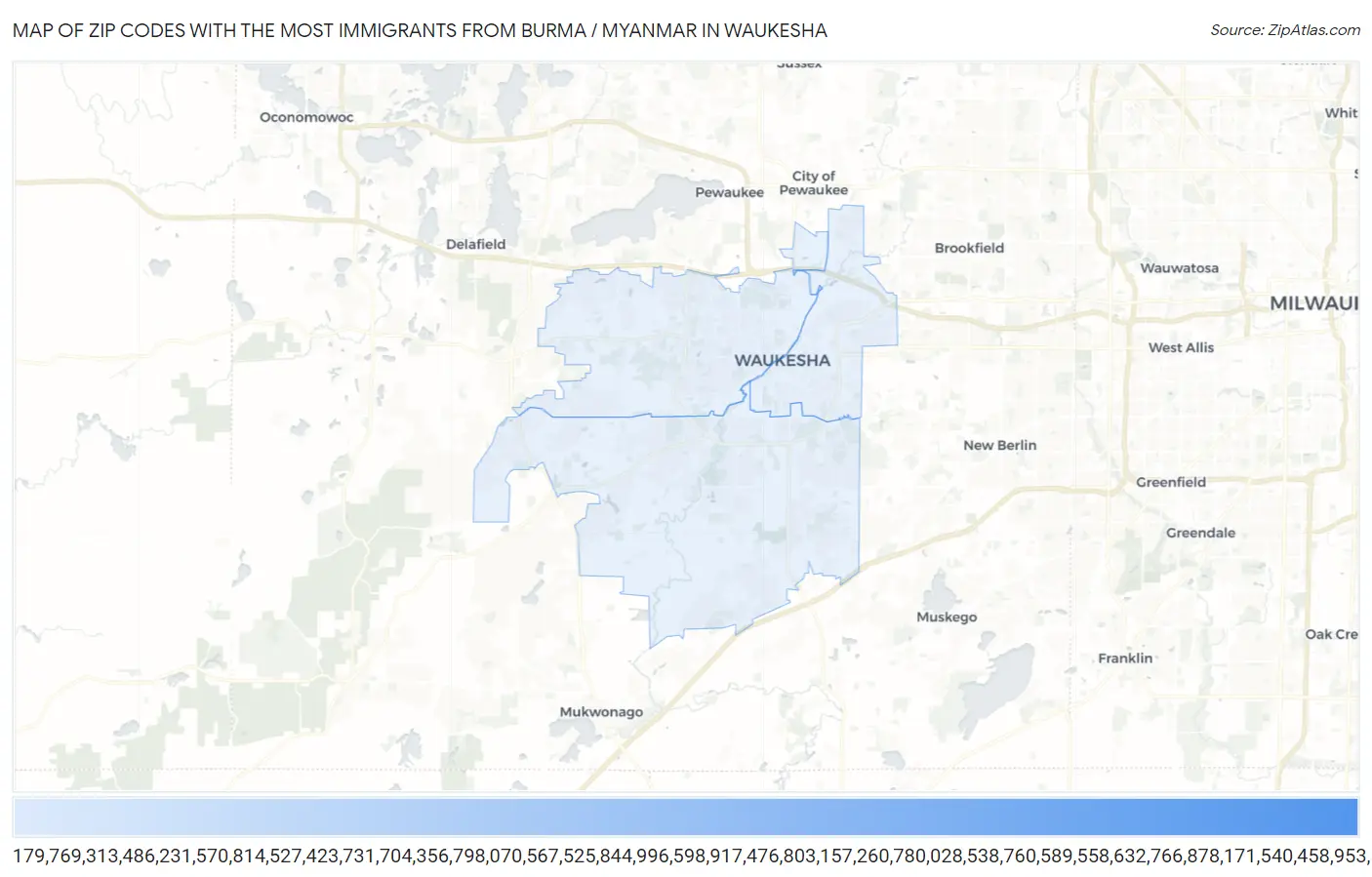 Zip Codes with the Most Immigrants from Burma / Myanmar in Waukesha Map