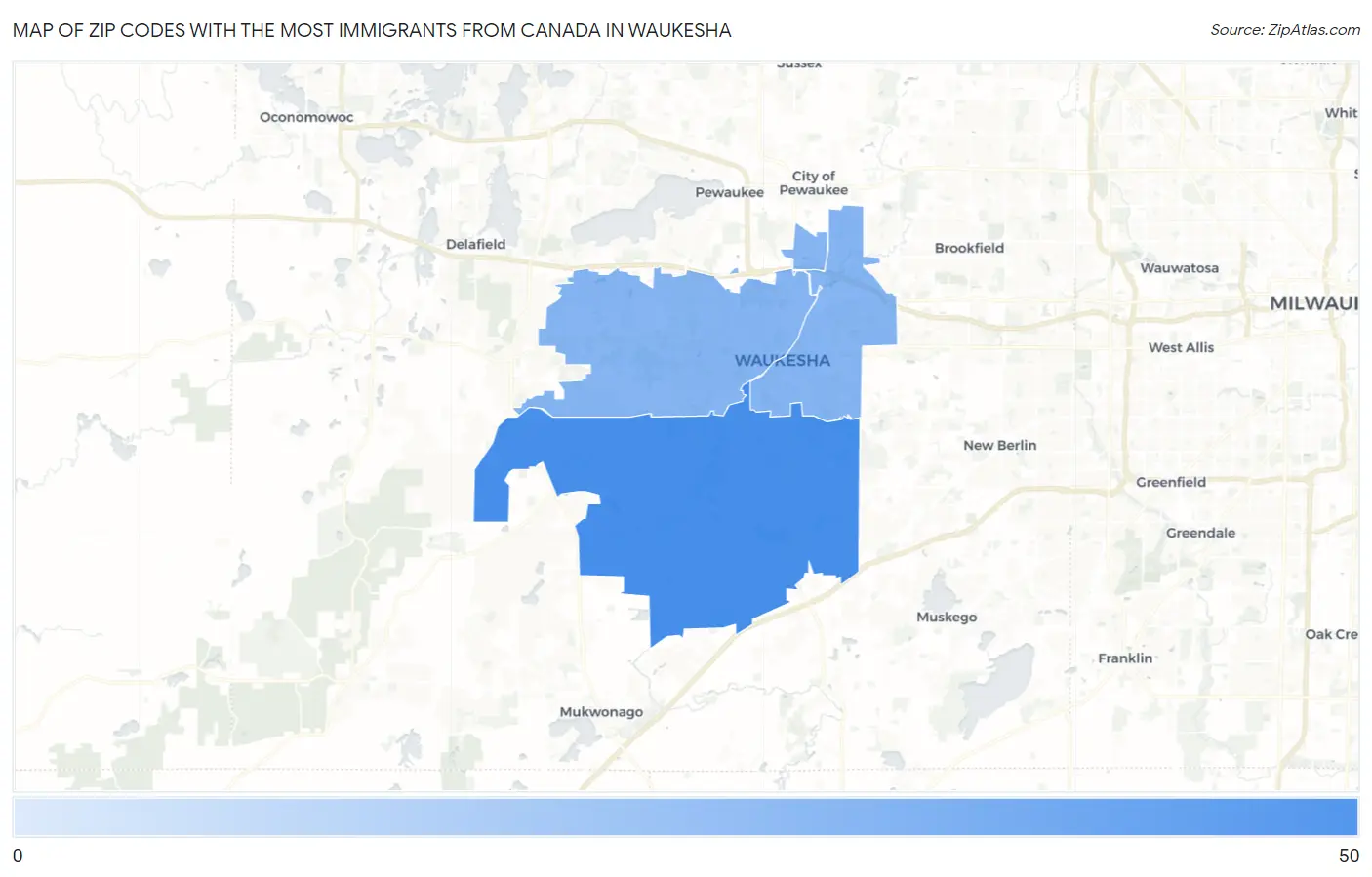 Zip Codes with the Most Immigrants from Canada in Waukesha Map
