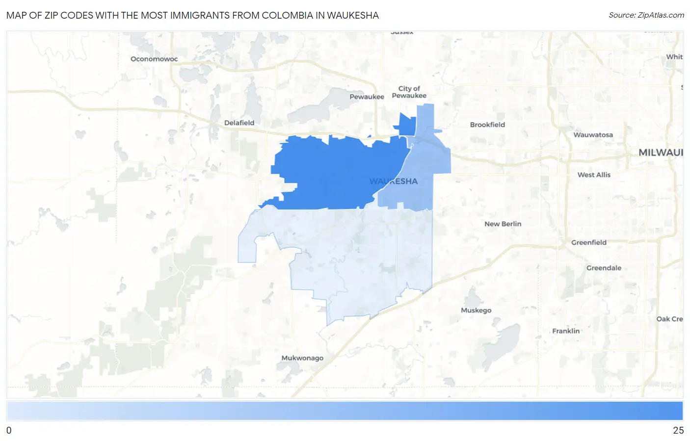 Zip Codes with the Most Immigrants from Colombia in Waukesha Map