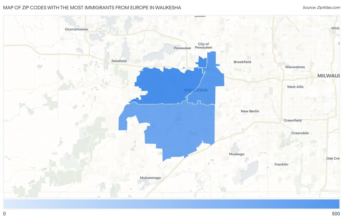 Zip Codes with the Most Immigrants from Europe in Waukesha Map