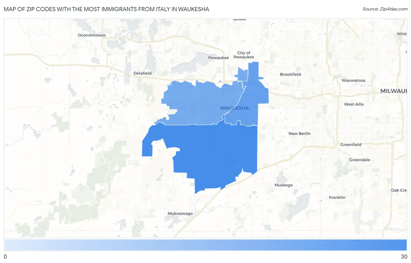 Zip Codes with the Most Immigrants from Italy in Waukesha Map