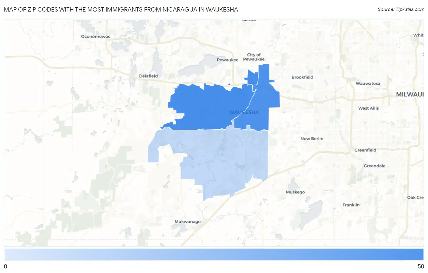 Zip Codes with the Most Immigrants from Nicaragua in Waukesha Map