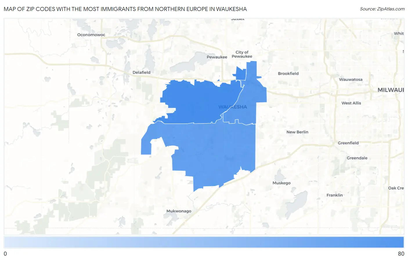 Zip Codes with the Most Immigrants from Northern Europe in Waukesha Map
