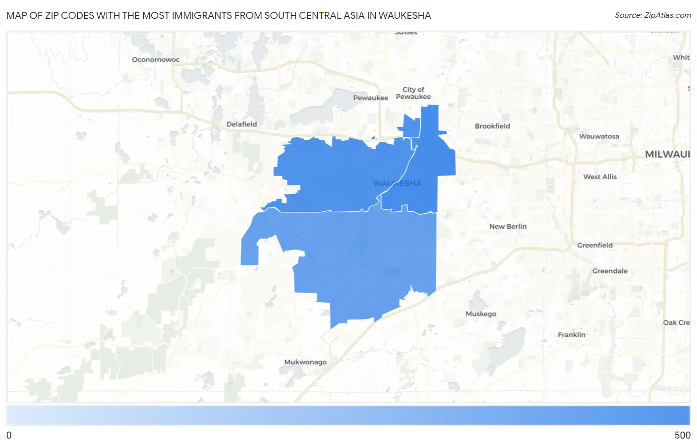 Zip Codes with the Most Immigrants from South Central Asia in Waukesha Map