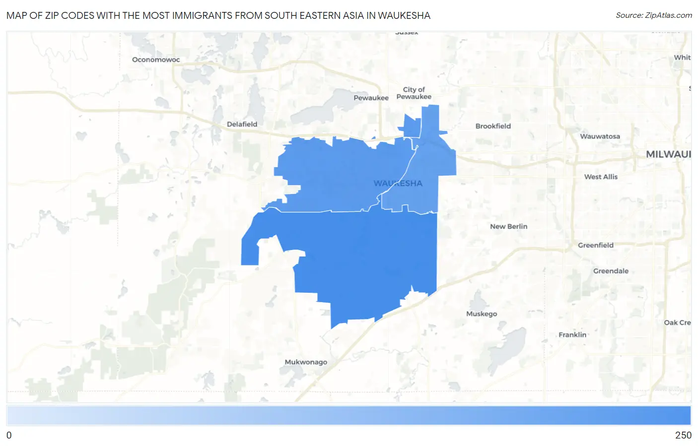 Zip Codes with the Most Immigrants from South Eastern Asia in Waukesha Map