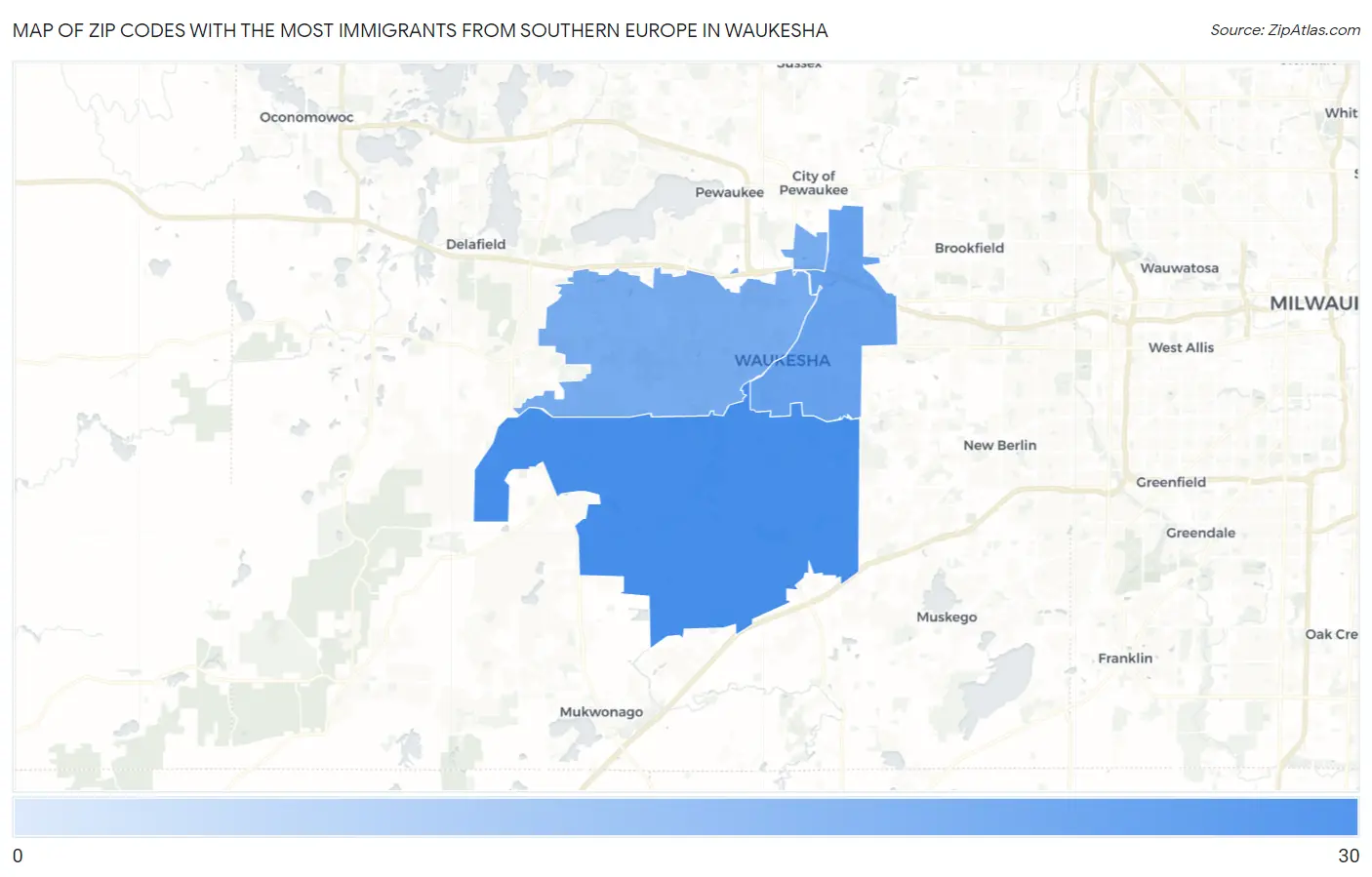 Zip Codes with the Most Immigrants from Southern Europe in Waukesha Map