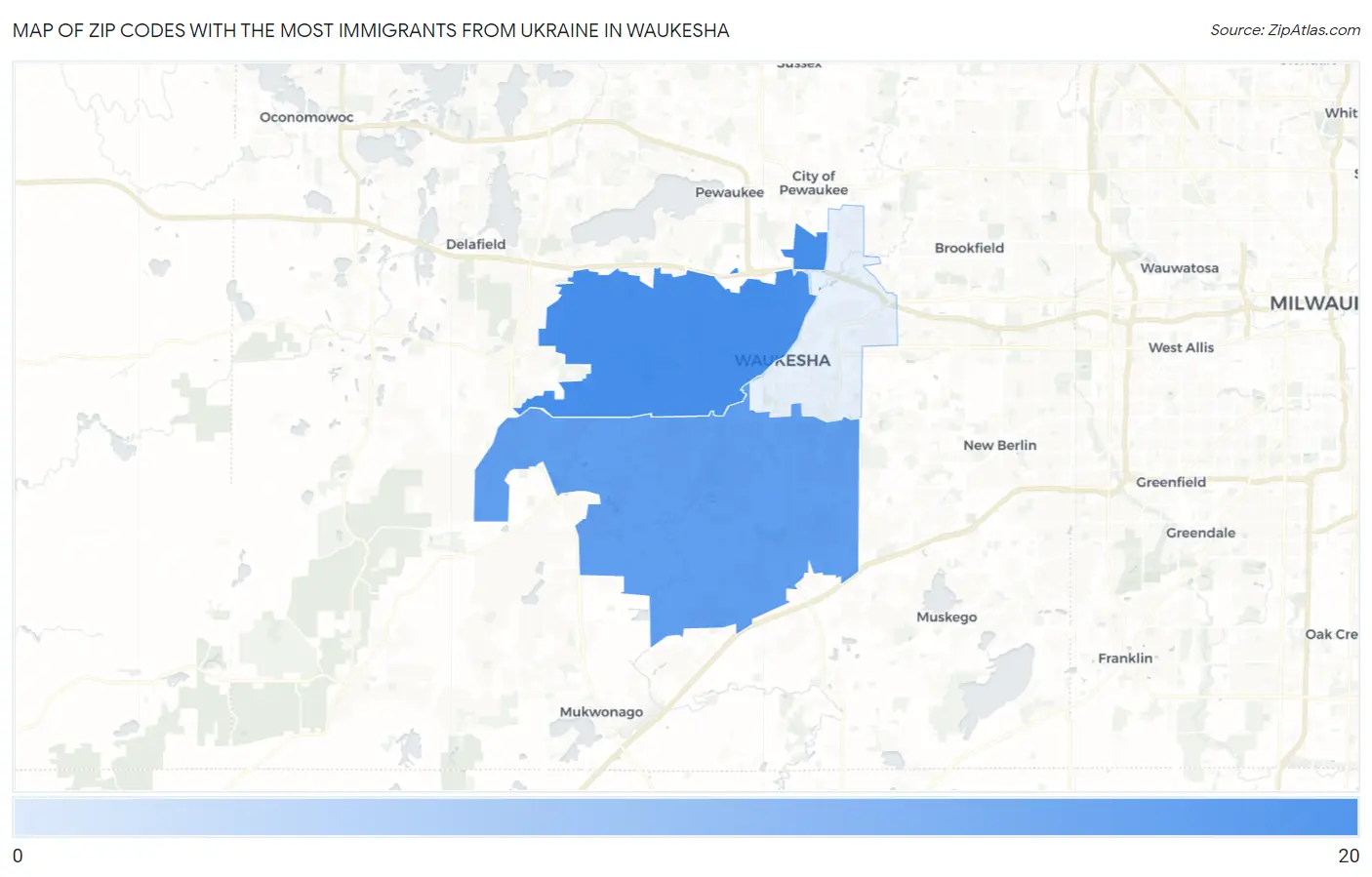 Zip Codes with the Most Immigrants from Ukraine in Waukesha Map