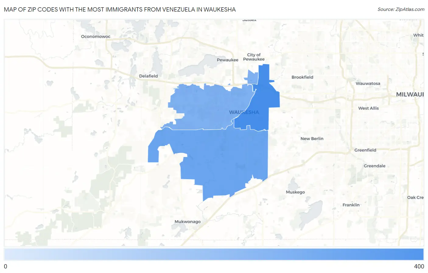 Zip Codes with the Most Immigrants from Venezuela in Waukesha Map