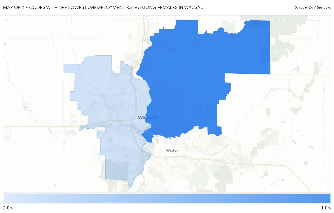 Zip Codes with the Lowest Unemployment Rate Among Females in Wausau Map
