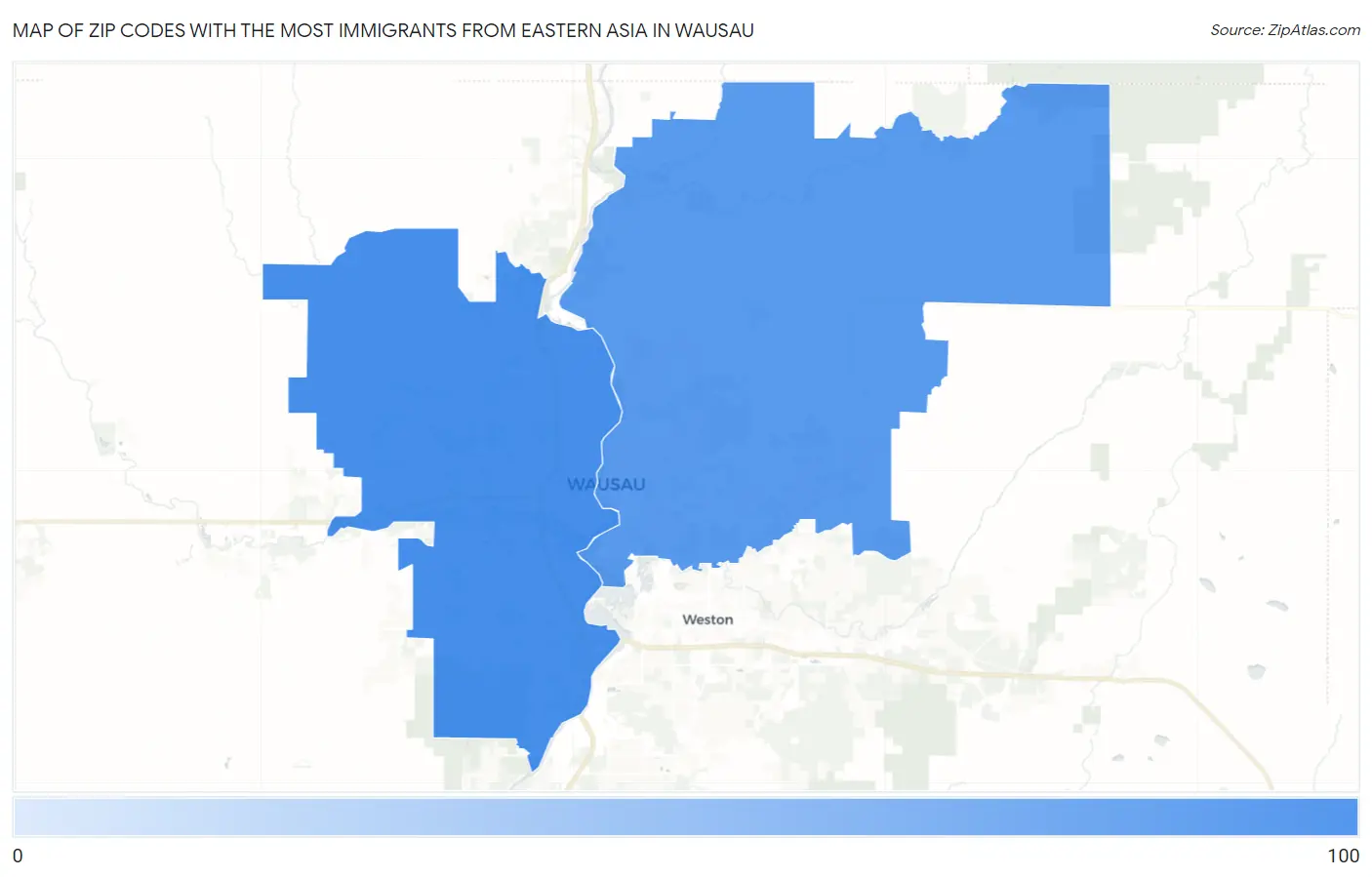 Zip Codes with the Most Immigrants from Eastern Asia in Wausau Map