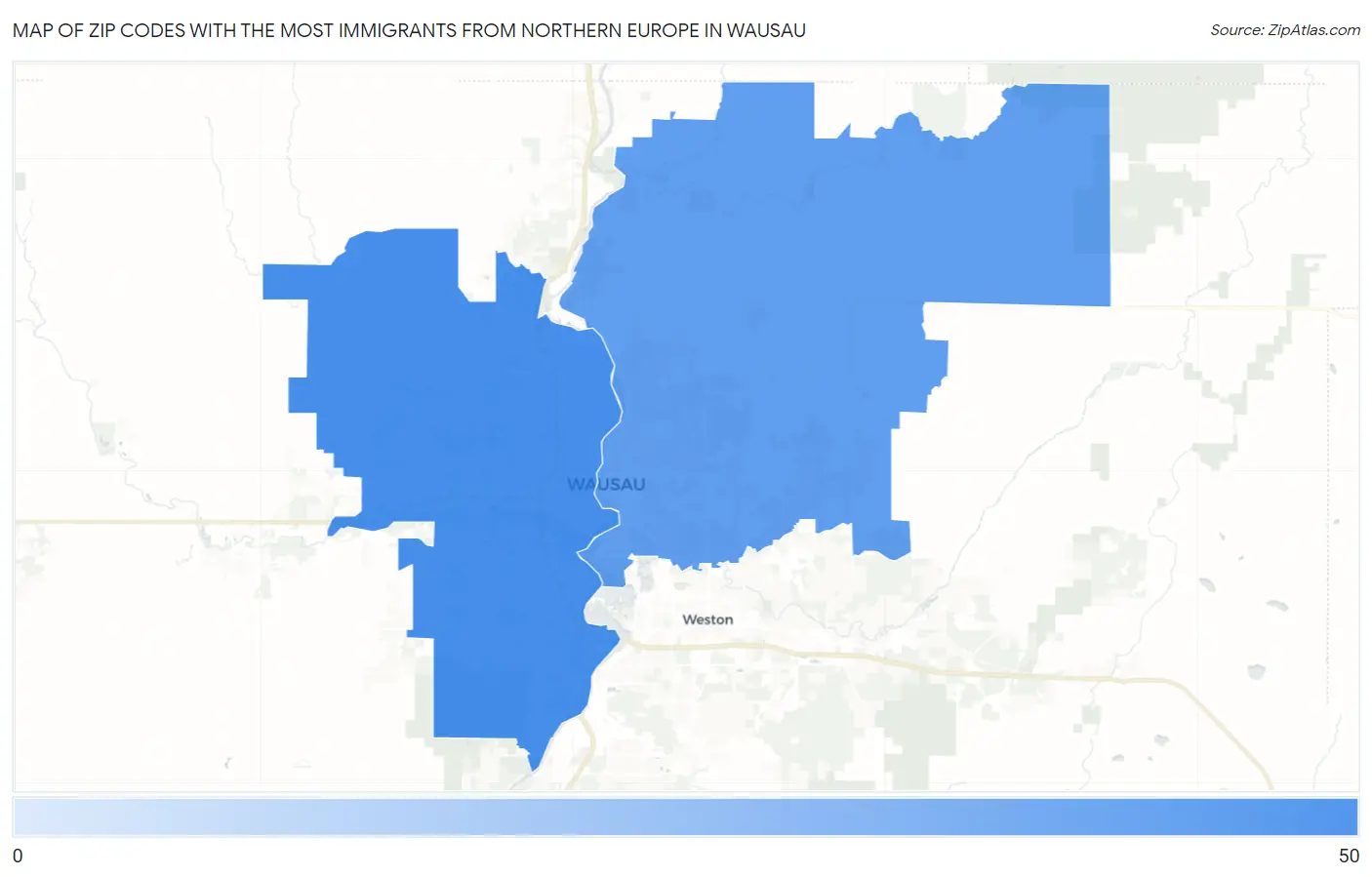 Zip Codes with the Most Immigrants from Northern Europe in Wausau Map