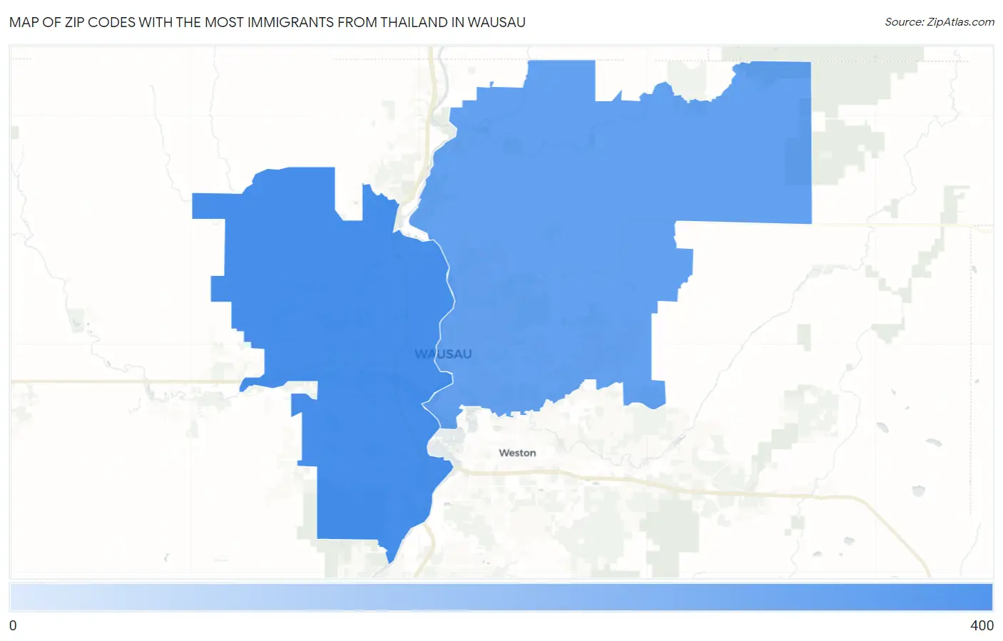 Zip Codes with the Most Immigrants from Thailand in Wausau Map