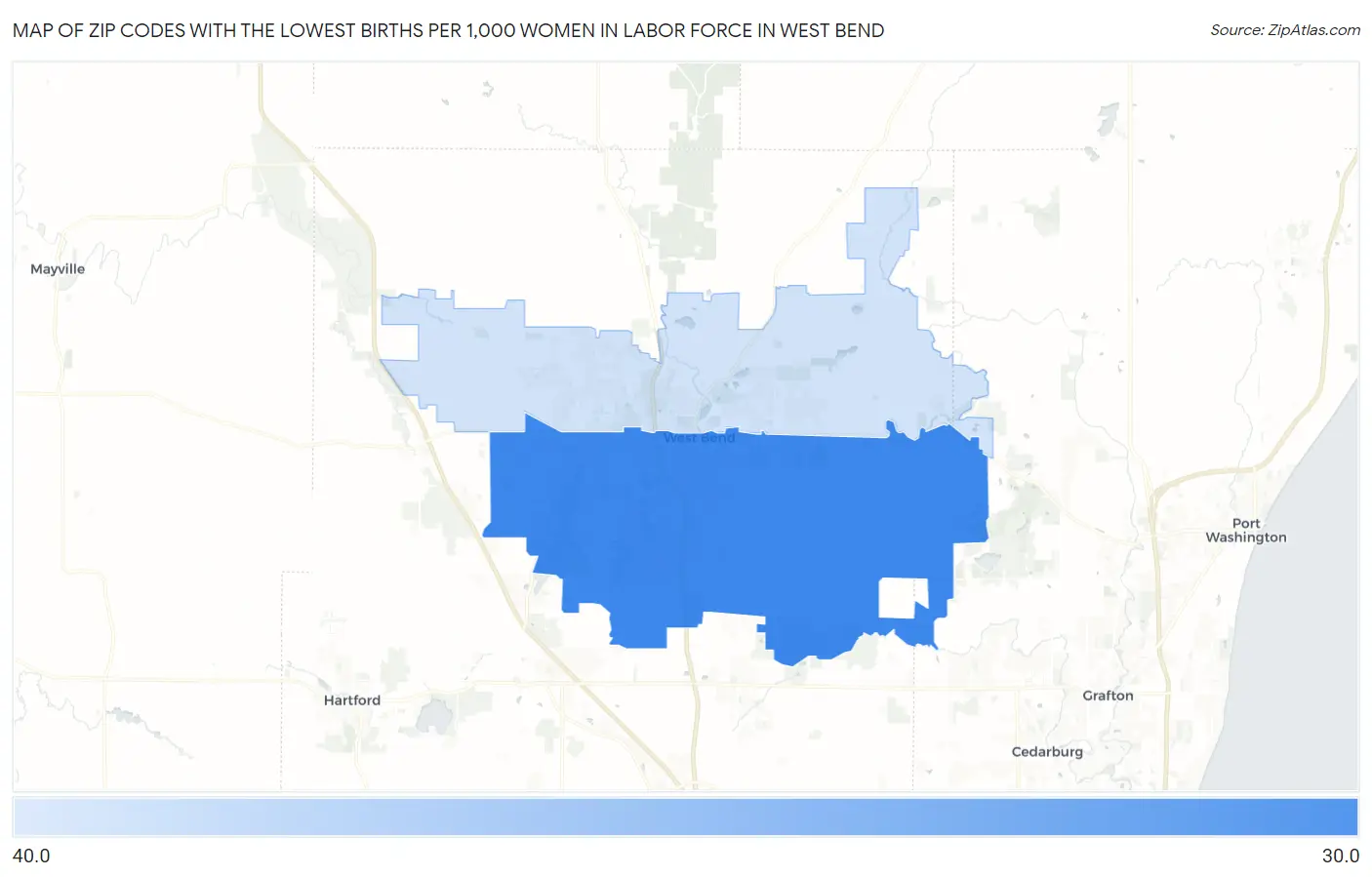 Zip Codes with the Lowest Births per 1,000 Women in Labor Force in West Bend Map