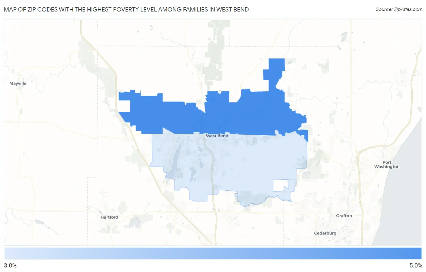 Zip Codes with the Highest Poverty Level Among Families in West Bend Map