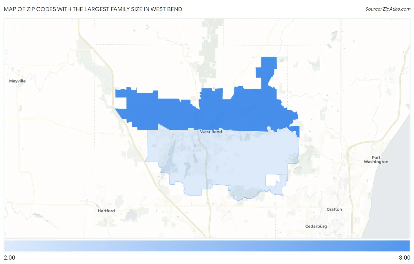 Zip Codes with the Largest Family Size in West Bend Map