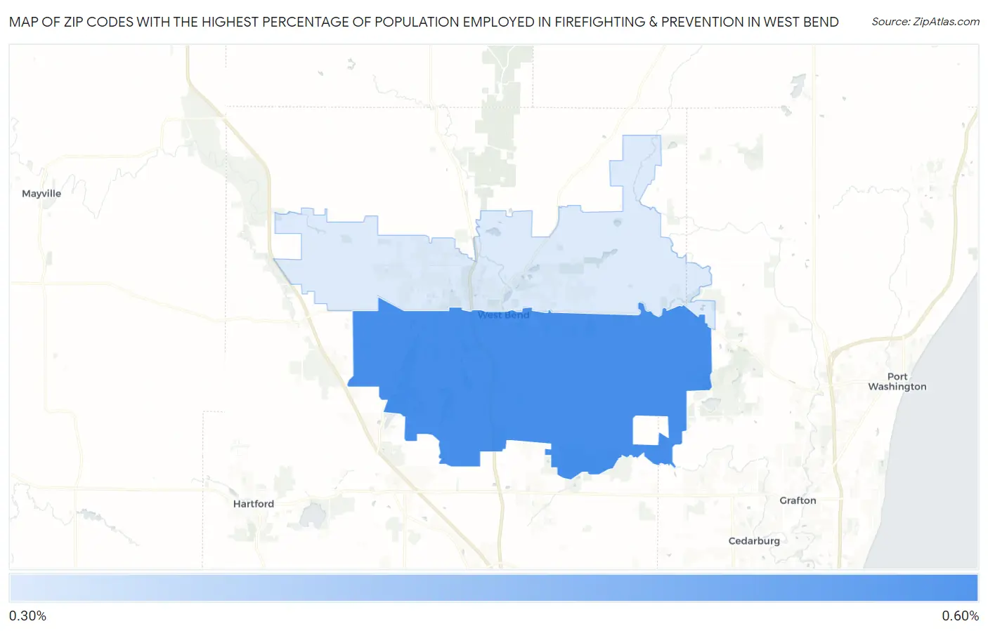 Zip Codes with the Highest Percentage of Population Employed in Firefighting & Prevention in West Bend Map