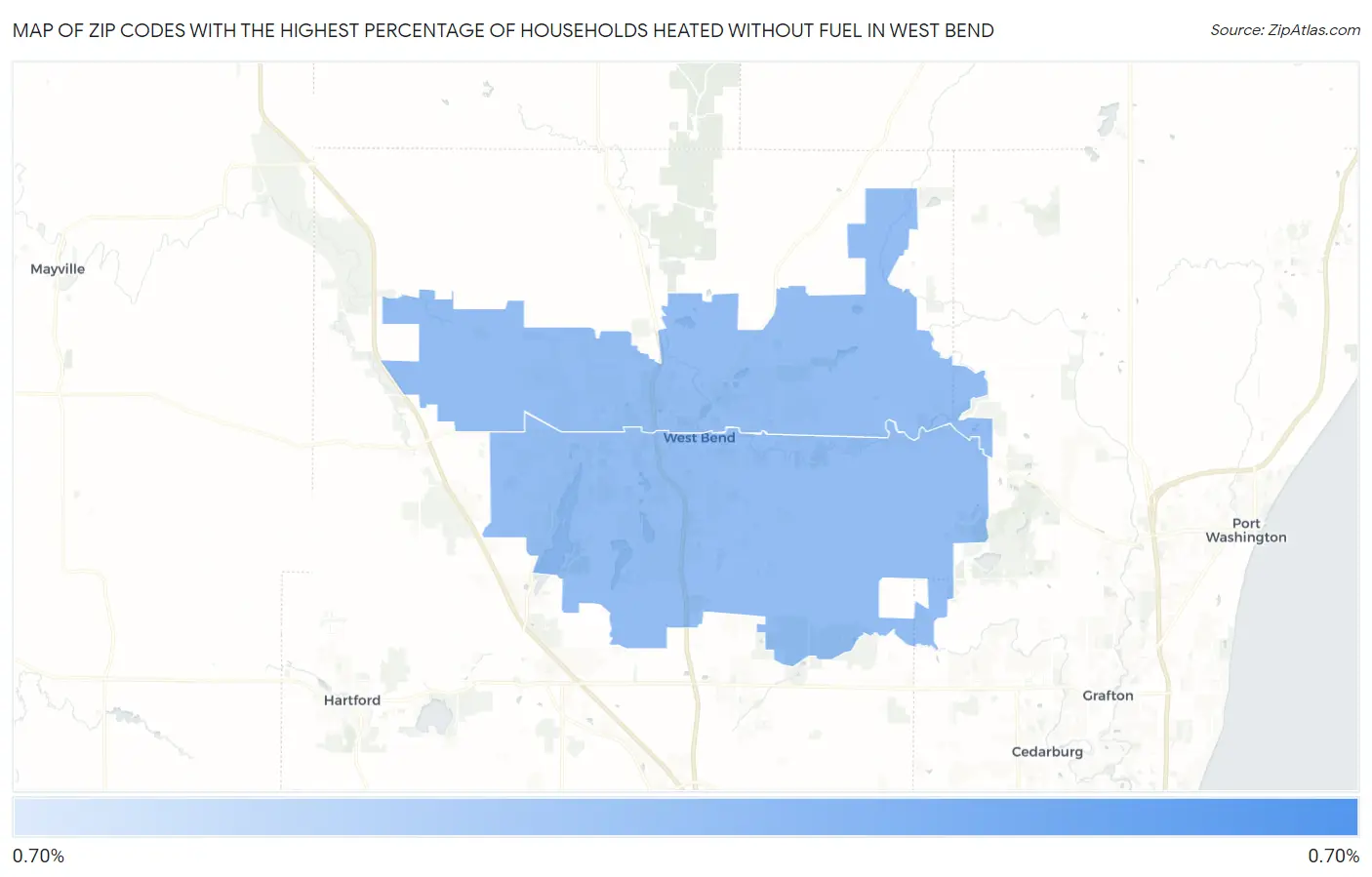 Zip Codes with the Highest Percentage of Households Heated without Fuel in West Bend Map