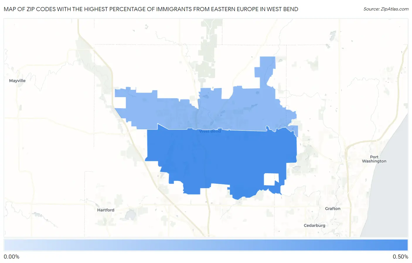 Zip Codes with the Highest Percentage of Immigrants from Eastern Europe in West Bend Map