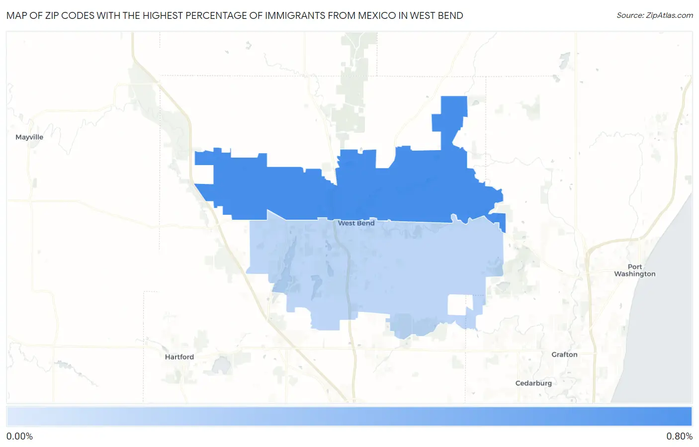 Zip Codes with the Highest Percentage of Immigrants from Mexico in West Bend Map