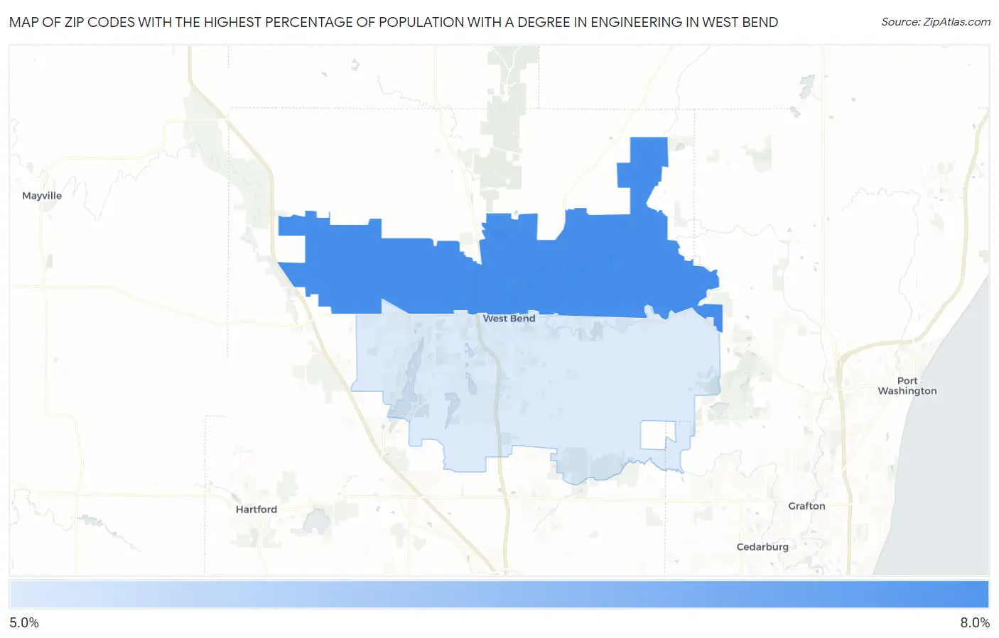 Zip Codes with the Highest Percentage of Population with a Degree in Engineering in West Bend Map