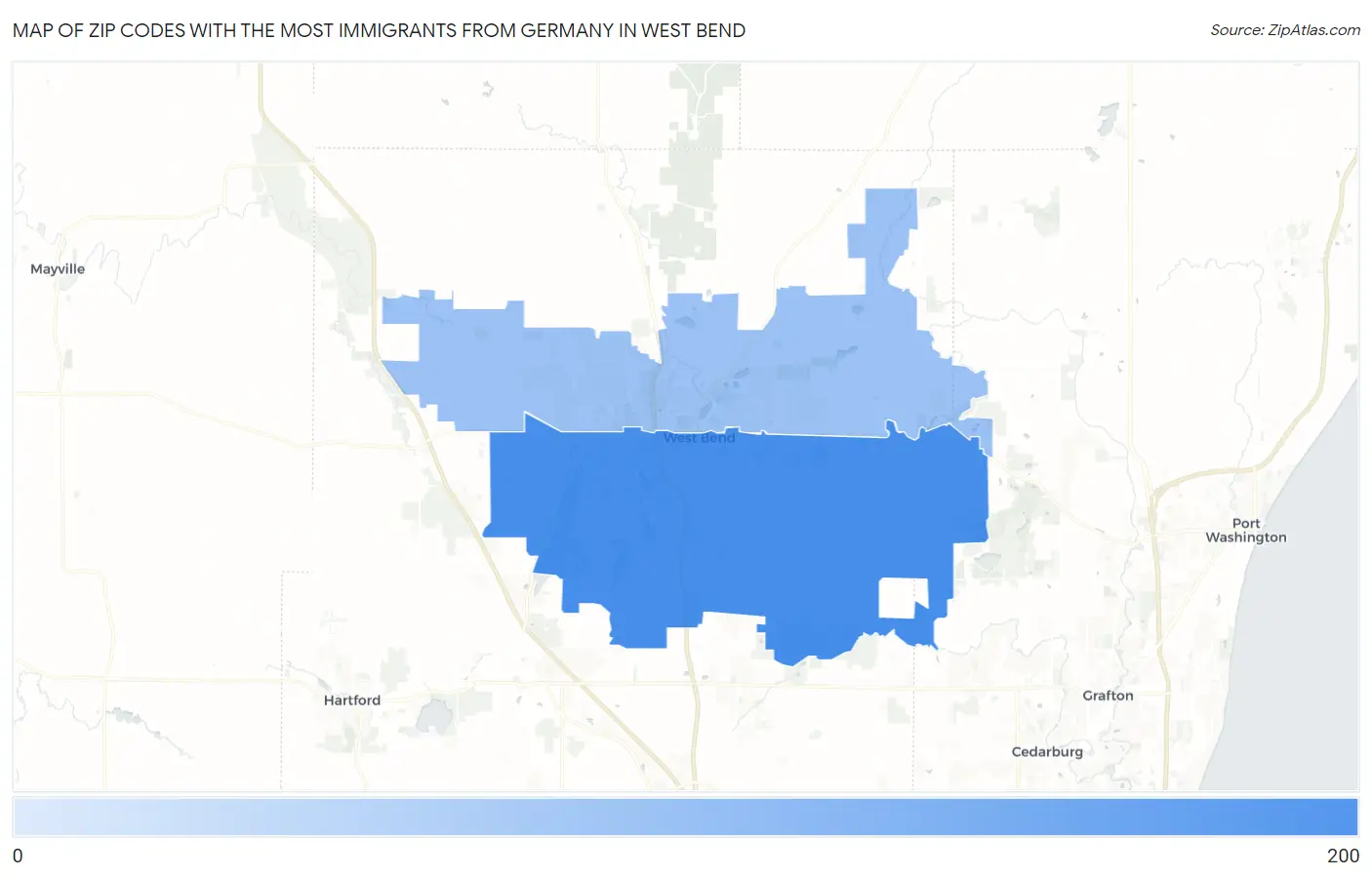 Zip Codes with the Most Immigrants from Germany in West Bend Map