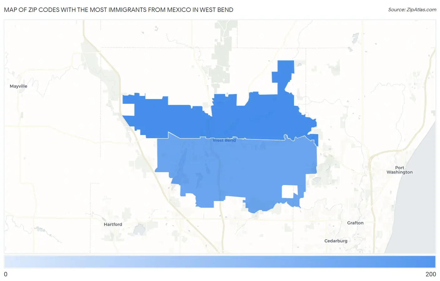 Zip Codes with the Most Immigrants from Mexico in West Bend Map