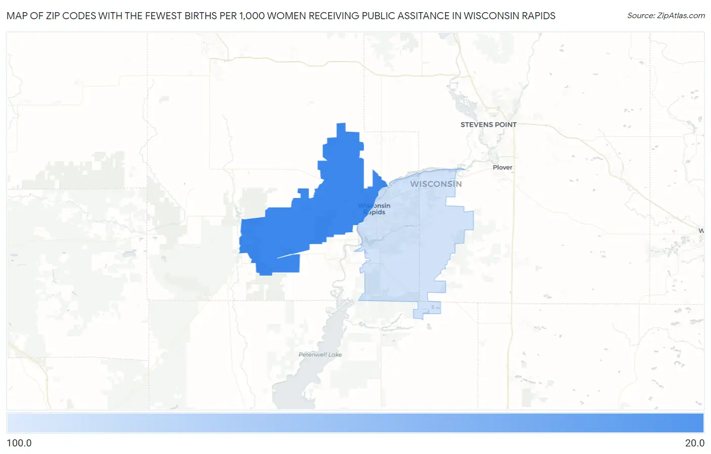 Zip Codes with the Fewest Births per 1,000 Women Receiving Public Assitance in Wisconsin Rapids Map