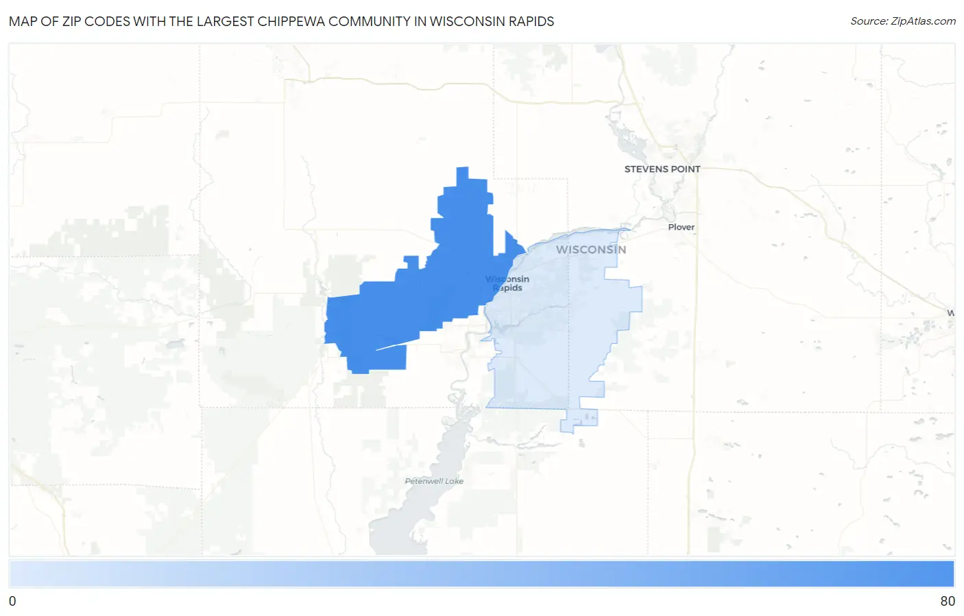 Zip Codes with the Largest Chippewa Community in Wisconsin Rapids Map