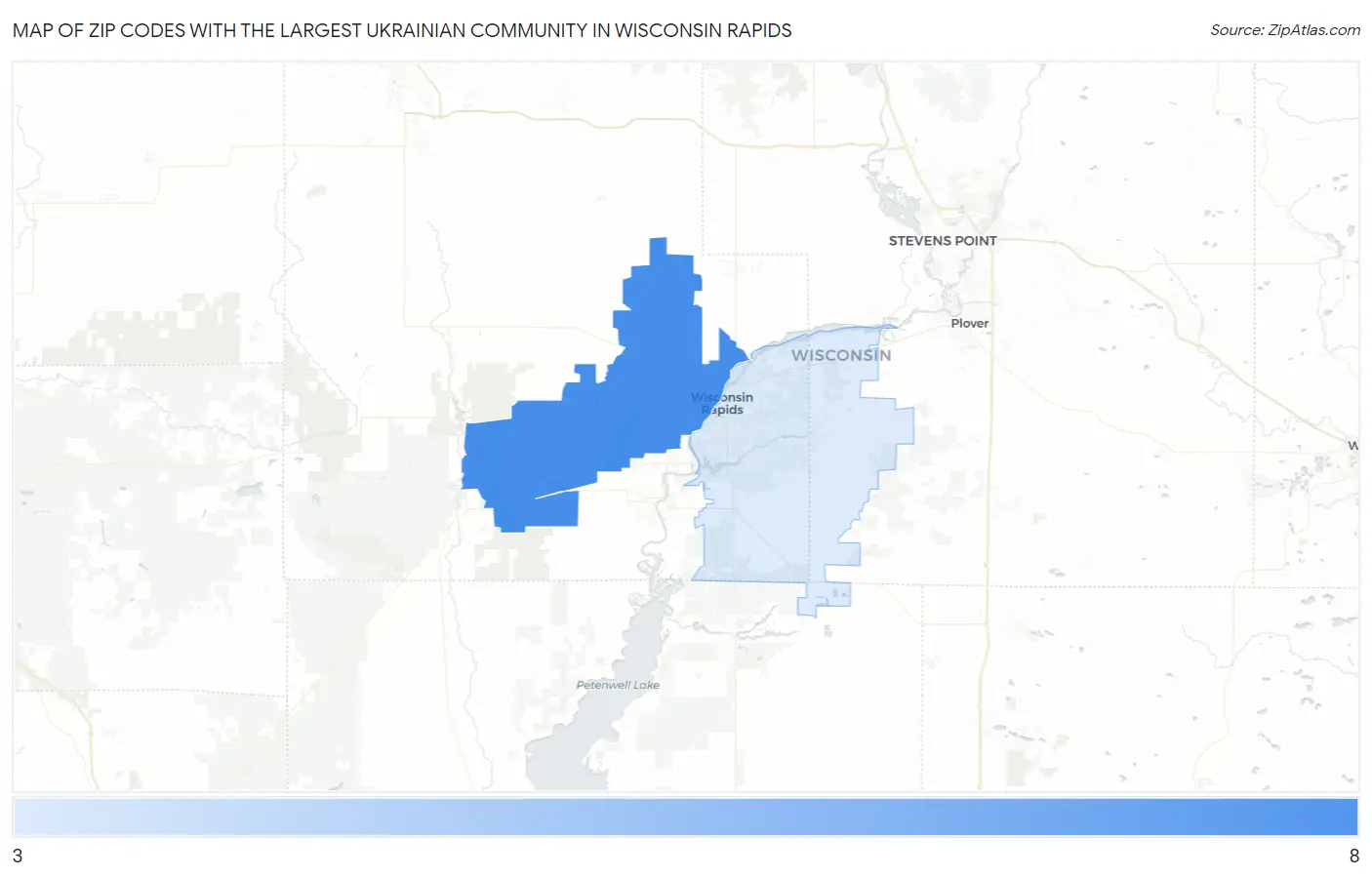 Zip Codes with the Largest Ukrainian Community in Wisconsin Rapids Map