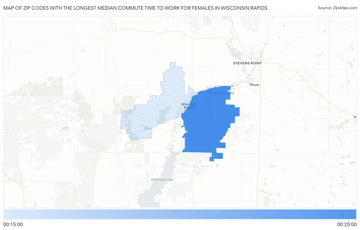 Zip Codes with the Longest Median Commute Time to Work for Females in Wisconsin Rapids Map