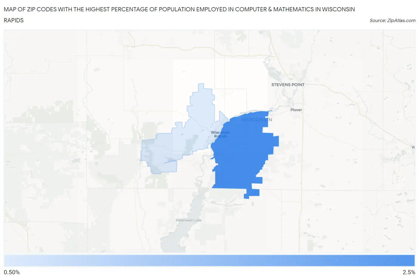 Zip Codes with the Highest Percentage of Population Employed in Computer & Mathematics in Wisconsin Rapids Map