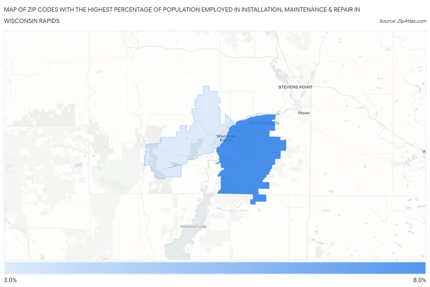 Zip Codes with the Highest Percentage of Population Employed in Installation, Maintenance & Repair in Wisconsin Rapids Map