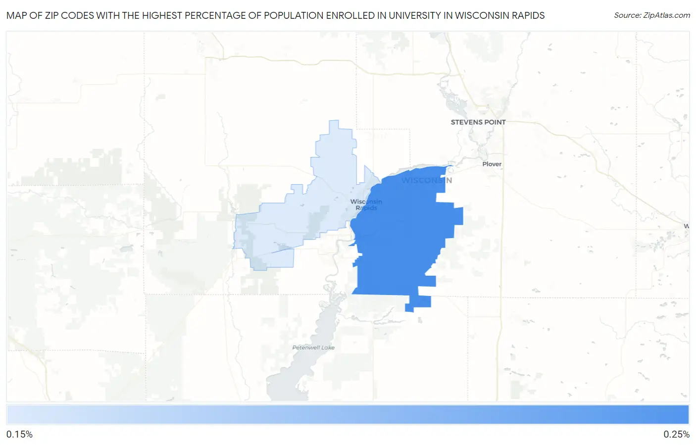 Zip Codes with the Highest Percentage of Population Enrolled in University in Wisconsin Rapids Map