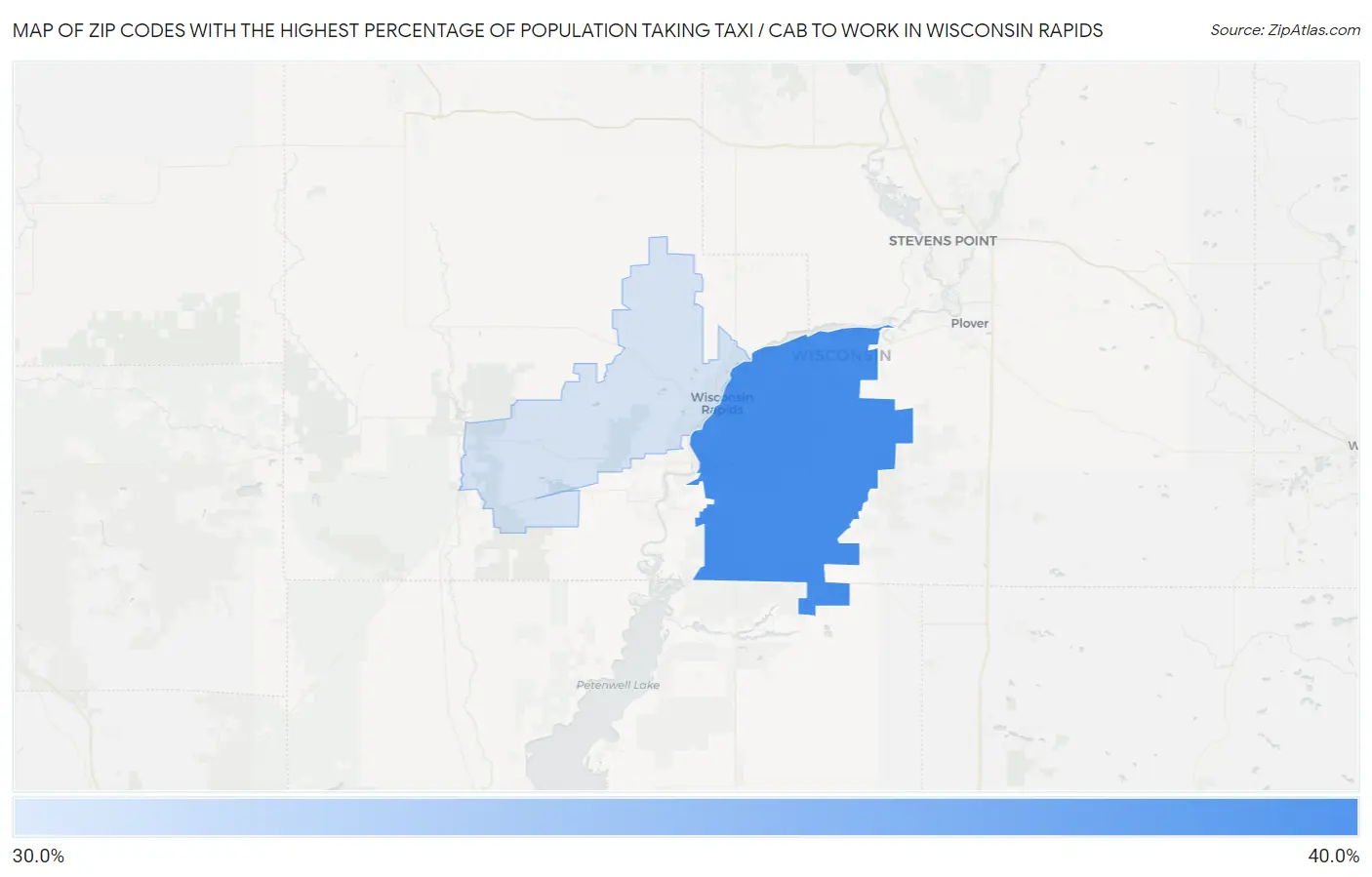 Zip Codes with the Highest Percentage of Population Taking Taxi / Cab to Work in Wisconsin Rapids Map