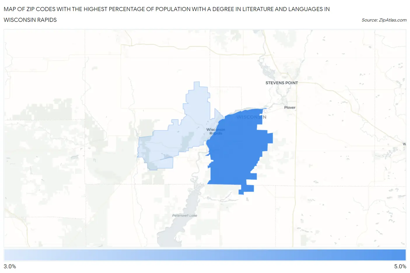 Zip Codes with the Highest Percentage of Population with a Degree in Literature and Languages in Wisconsin Rapids Map