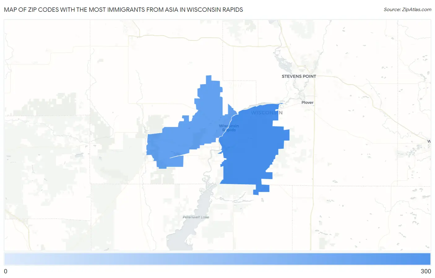 Zip Codes with the Most Immigrants from Asia in Wisconsin Rapids Map