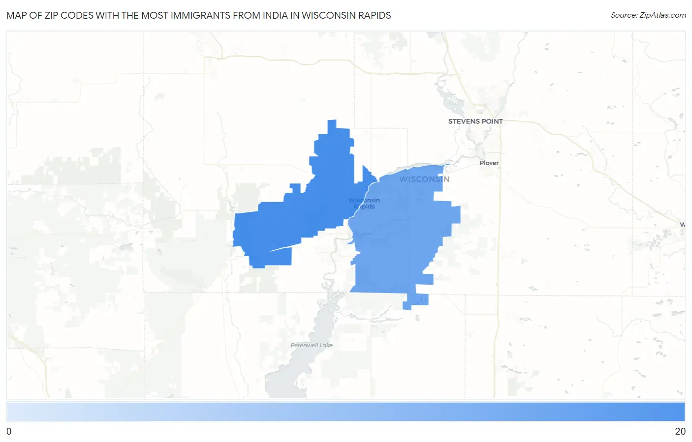 Zip Codes with the Most Immigrants from India in Wisconsin Rapids Map