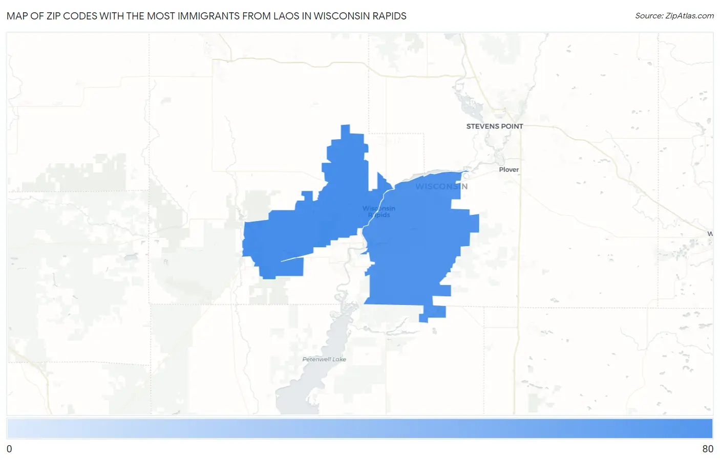 Zip Codes with the Most Immigrants from Laos in Wisconsin Rapids Map