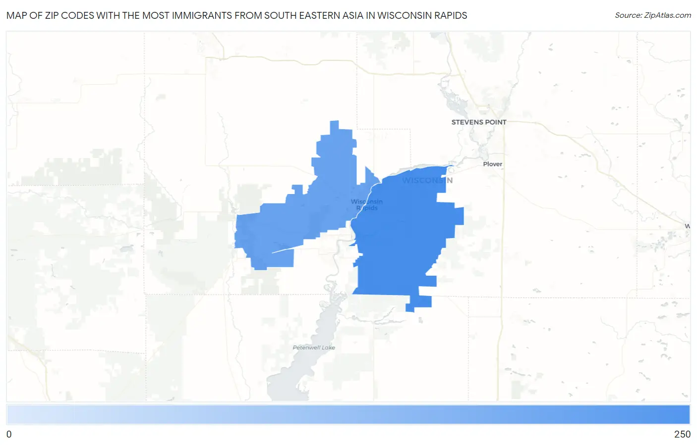 Zip Codes with the Most Immigrants from South Eastern Asia in Wisconsin Rapids Map