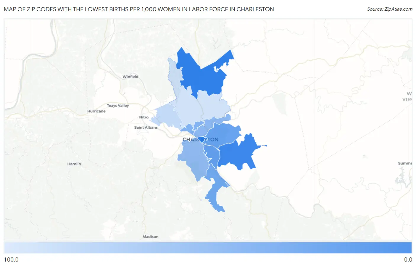 Zip Codes with the Lowest Births per 1,000 Women in Labor Force in Charleston Map