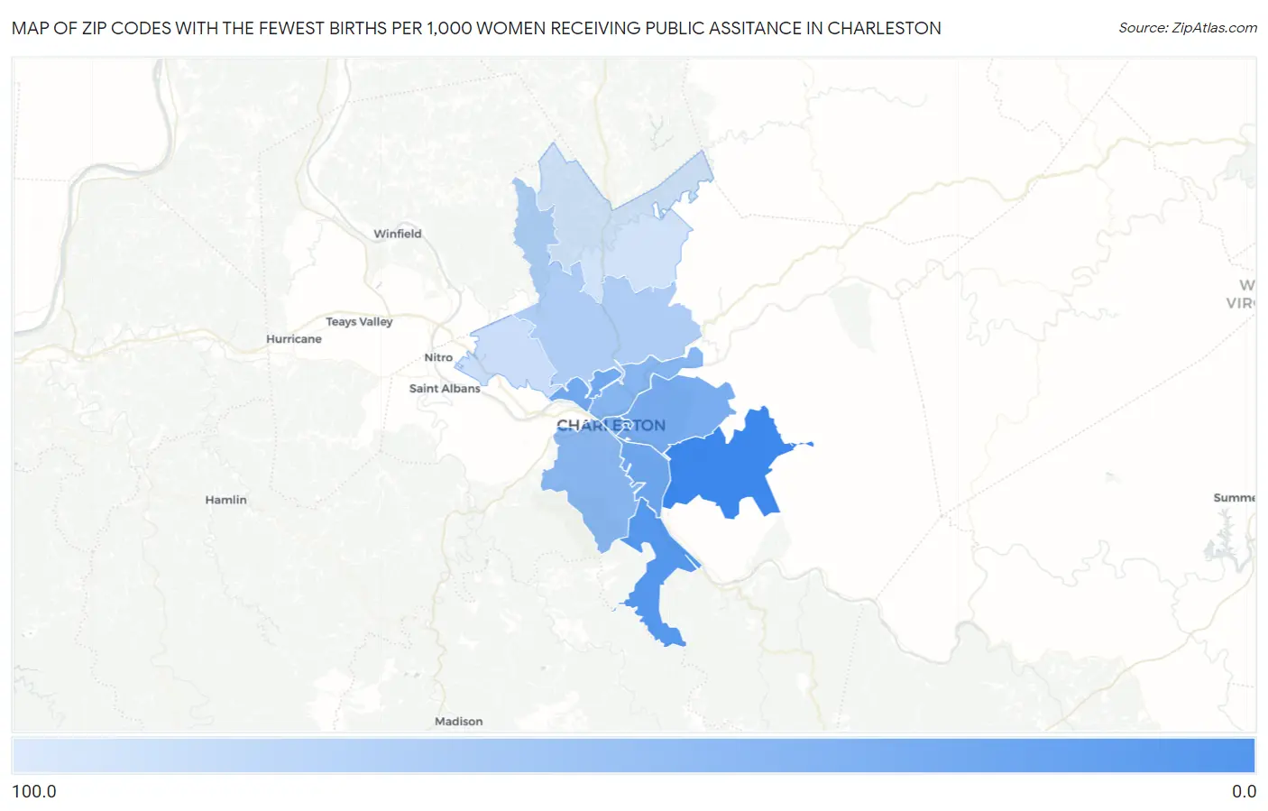 Zip Codes with the Fewest Births per 1,000 Women Receiving Public Assitance in Charleston Map